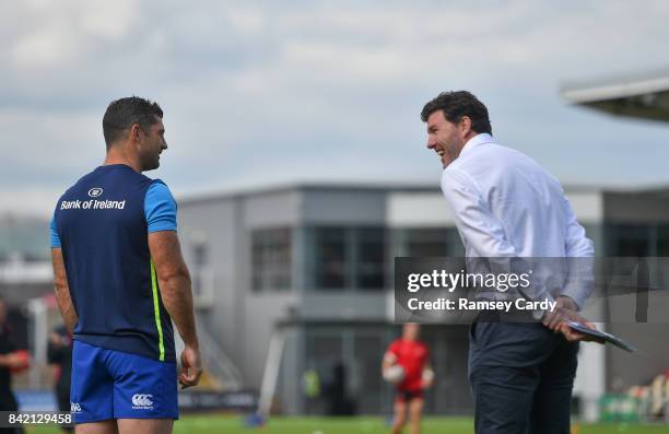 Wales , United Kingdom - 2 September 2017; Former Leinster player and Sky Sports analyst Shane Horgan in conversation with Rob Kearney of Leinster...