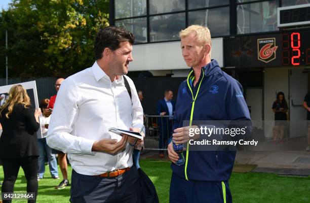 Wales , United Kingdom - 2 September 2017; Former Leinster player and Sky Sports analyst Shane Horgan in conversation with Leinster head coach Leo...