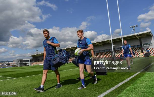 Wales , United Kingdom - 2 September 2017; Ross Byrne, left, and Cathal Marsh of Leinster ahead of the Guinness PRO14 Round 1 match between Dragons...