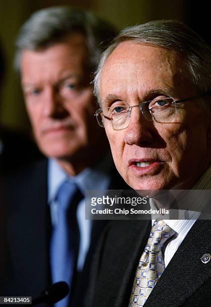Senate Majority Leader Harry Reid and Senate Finance Chairman Max Baucus hold a news conference to discuss the economic recovery package following a...