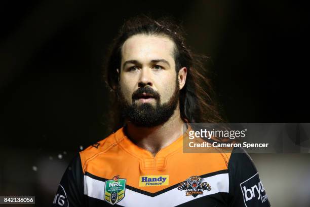 Aaron Woods of the Tigers looks on during the round 26 NRL match between the Wests Tigers and the New Zealand Warriors at Leichhardt Oval on...