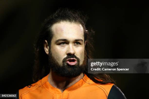 Aaron Woods of the Tigers looks on during the round 26 NRL match between the Wests Tigers and the New Zealand Warriors at Leichhardt Oval on...