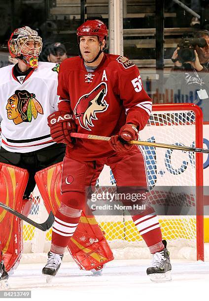 Ed Jovanovski of the Phoenix Coyotes stands in front of the net against the Chicago Blackhawks on January 6, 2009 at Jobing.com Arena in Glendale,...