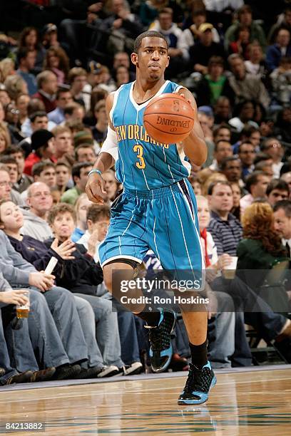 Chris Paul of the New Orleans Hornets drives the ball up court during the game against the Indiana Pacers on December 28, 2008 at Conseco Fieldhouse...