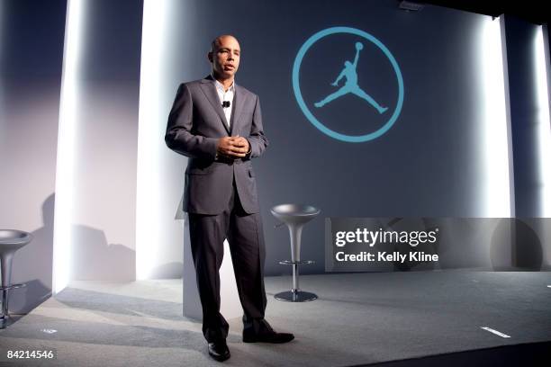 Jordan Brand President Keith Houlemard addresses the media during the launch of the Air Jordan 2009 at The Event Space on January 8, 2009 in New York...