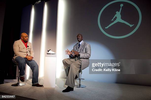 Jordan Brand footwear designer Jason Mayden and Michael Jordan address the media during the launch of the Air Jordan 2009 at The Event Space on...
