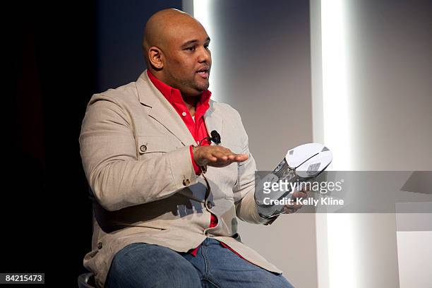Jordan Brand footwear designer Jason Mayden addresses the media during the launch of the Air Jordan 2009 at The Event Space on January 8, 2009 in New...