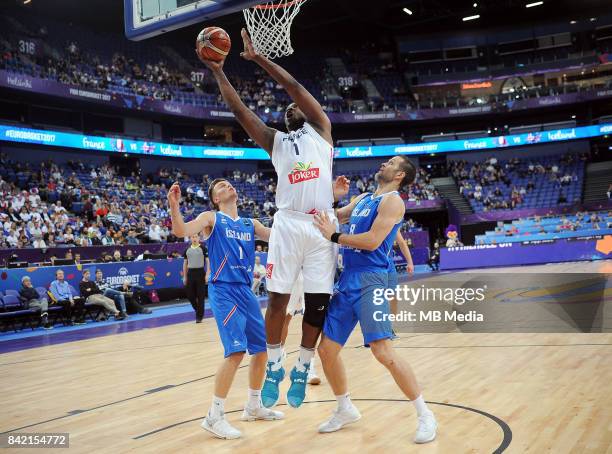 Martin Hermannsson of Iceland, Kevin Seraphin of France, Hlynur Baeringsson of Iceland during the FIBA Eurobasket 2017 Group A match between France...