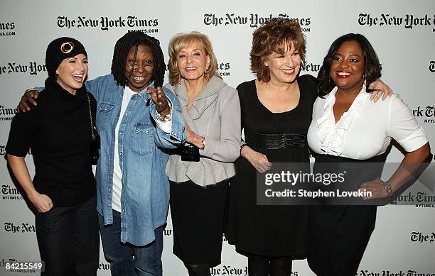 The View" hosts Elizabeth Hasselbeck, Whoopi Goldberg, Barbara Walters, Joy Behar, and Sherri Shepherd attend the New York Times Art and Leisure...