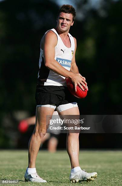 Haydn Kiel of the Hawks prepares to kick during a Hawthorn Hawks AFL training session at Knox Gardens Reserve on January 9, 2009 in Melbourne,...