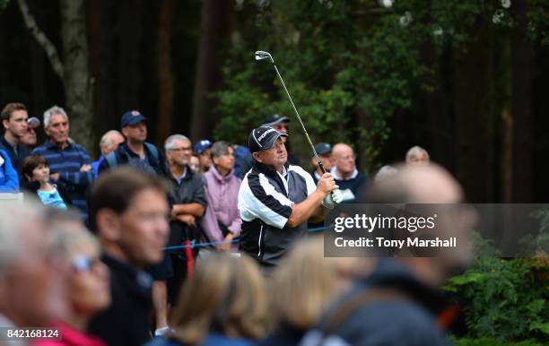 Ian Woosnam of Wales plays his first shot on the 6th tee during the Travis Perkins Senior Masters - Day Three at Woburn Golf Club on September 3,...