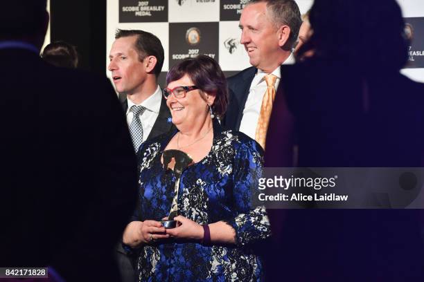 Team Winx Hugh Bowman, Deborah Kepitis, and Peter Tighe with The Victorian Racehorse of the Year Award at the Scobie Breasley Medal presentation at...