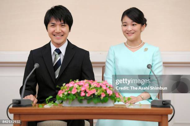 Princess Mako of Akishino and her fiance Kei Komuro attend a press conference at the Akasaka Estate on September 3, 2017 in Tokyo, Japan. Princess...