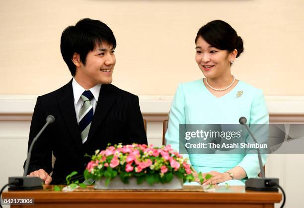 Princess Mako of Akishino and her fiance Kei Komuro attend a press conference at the Akasaka Estate on September 3, 2017 in Tokyo, Japan. Princess...