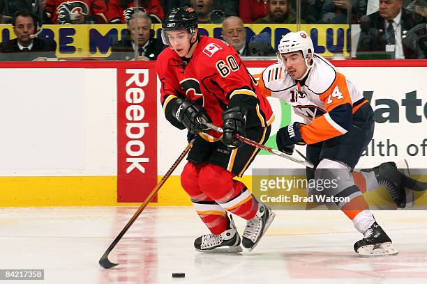 Mikael Backlund of the Calgary Flames skates in his first NHL game against the New York Islanders on January 8, 2009 at Pengrowth Saddledome in...