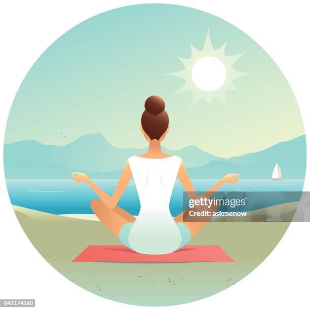 young woman doing yoga on the beach - young women stock illustrations