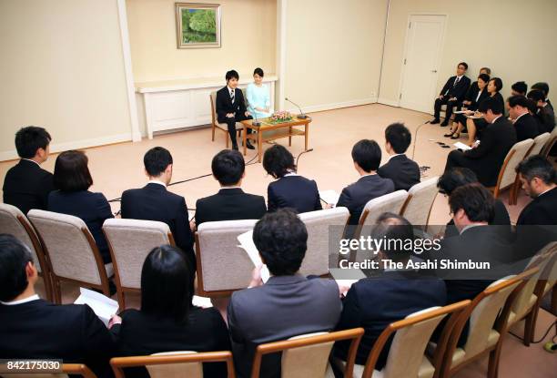 Princess Mako of Akishino and her fiance Kei Komuro attend a press conference at the Akasaka Estate on September 3, 2017 in Tokyo, Japan. Princess...