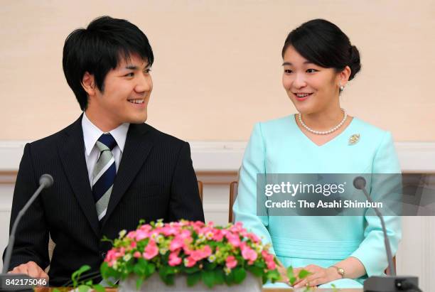 Princess Mako of Akishino and her fiance Kei Komuro attend a press conference at the Akasaka Estate on September 3, 2017 in Tokyo, Japan. Princess...