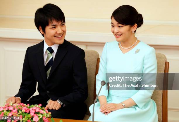 Princess Mako of Akishino and her fiance Kei Komuro attend a press conference at the Akasaka Estate on September 3, 2017 in Tokyo, Japan. Princess...