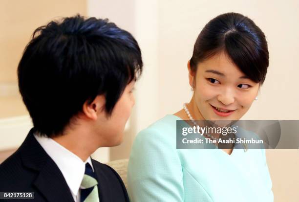 Princess Mako of Akishino and her fiance Kei Komuro attend a press conference at the Akasaka Estate on September 3, 2017 in Tokyo, Japan. Princess...