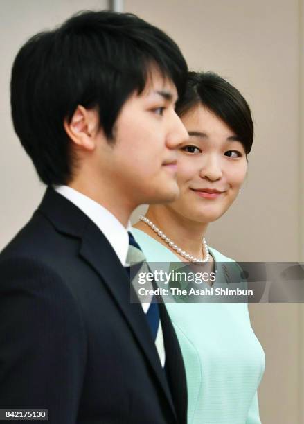 Princess Mako of Akishino and her fiance Kei Komuro attend a press conference at the Akasaka Estate on September 3, 2017 in Tokyo, Japan. Princess...
