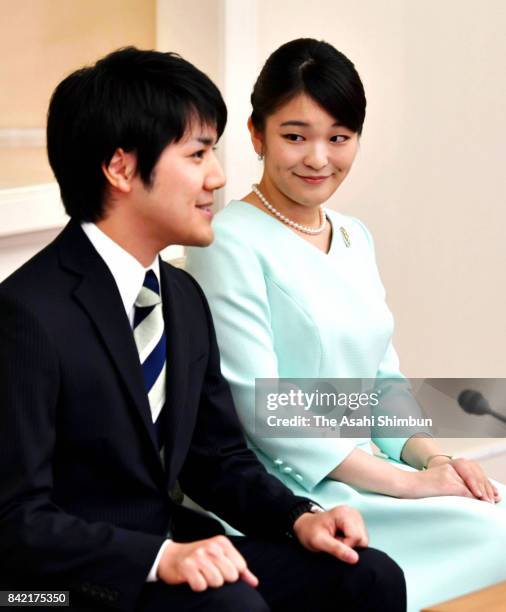 Princess Mako of Akishino and her fiance Kei Komuro attend a press conference at the Akasaka Estate on September 3, 2017 in Tokyo, Japan. Princess...