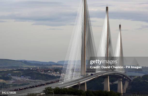 Competition-winners walk across the Queensferry Crossing during a second day of a one-off opportunity to cross the new bridge by foot.