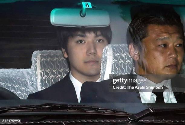 Kei Komuro, fiance of Princess Mako of Akishino is seen on departure at the Akasaka Estate for the Imperial Palace on September 3, 2017 in Tokyo,...