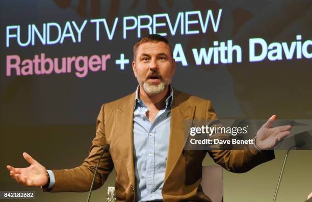 David Walliams speaks on stage following a BFI Southbank preview of "Ratburger", Sky 1's TV adaptation of his book published by HarperCollins, on...