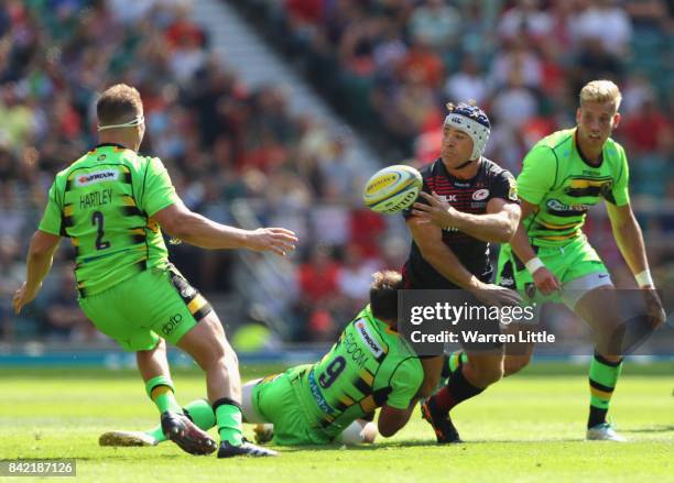 Schalk Brits of Saracens in action during the Aviva Premiership match between Saracens and Northampton Saints at Twickenham Stadium on September 2,...