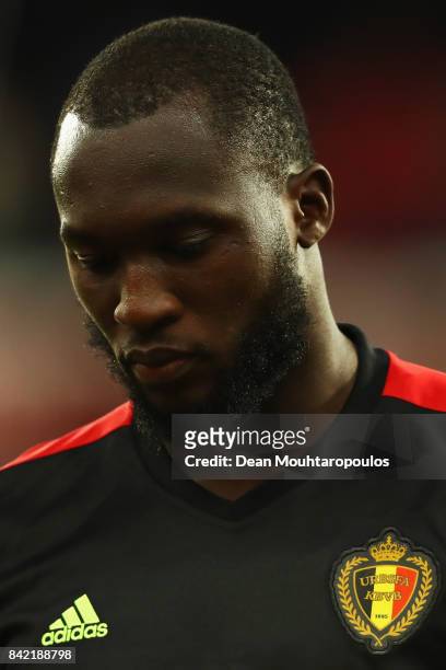 Romelu Lukaku of Belgium stands for the national anthem prior to the FIFA 2018 World Cup Qualifier between Belgium and Gibraltar at Stade Maurice...