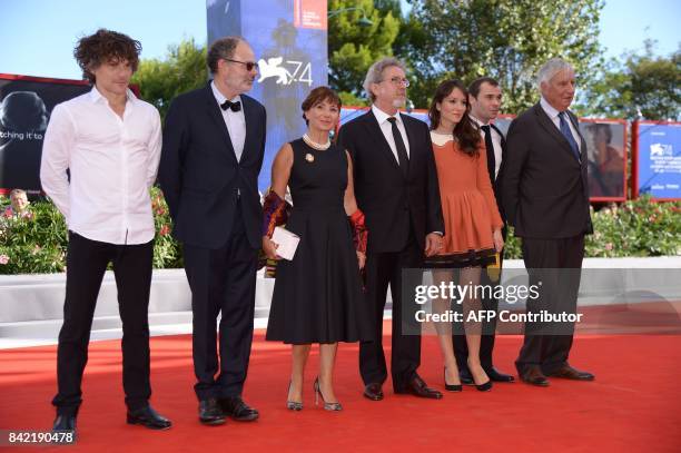 Actor Yann Tregouet, actor Jean-Pierre Darroussin, actress Ariane Ascaride, French director Robert Guediguian, actress Anais Demoustier, actor...