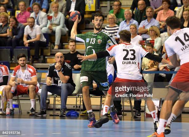 Petar Nenadic of Fuechse Berlin and Pascal Durak of the Eulen Ludwigshafen during the game between Fuechse Berlin and the Eulen Ludwigshafen on...