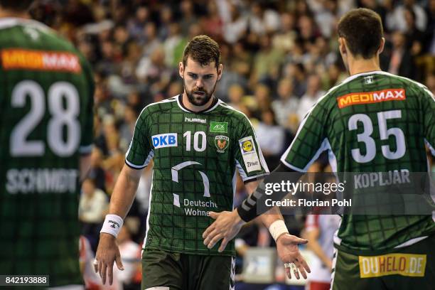 Jakov Gojun and Marko Kopljar of Fuechse Berlin during the game between Fuechse Berlin and the Eulen Ludwigshafen on September 3, 2017 in Berlin,...