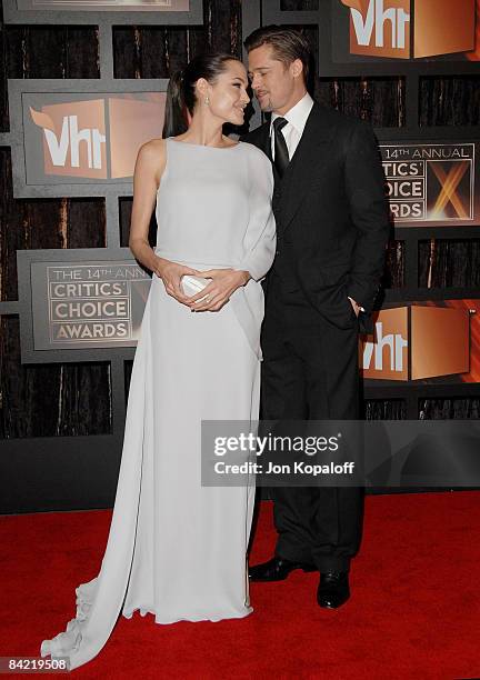 Actress Angelina Jolie and actor Brad Pitt arrive at VH1's 14th Annual Critics' Choice Awards held at the Santa Monica Civic Auditorium on January 8,...