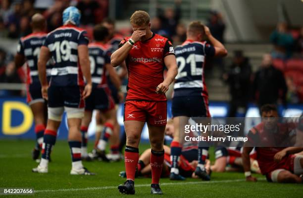 James Williams of Hartpury College cuts a dejected figure during the Greene King IPA Championship match between Bristol Rugby and Hartpury College at...