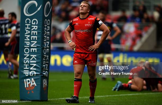 James Williams of Hartpury College cuts a dejected figure during the Greene King IPA Championship match between Bristol Rugby and Hartpury College at...