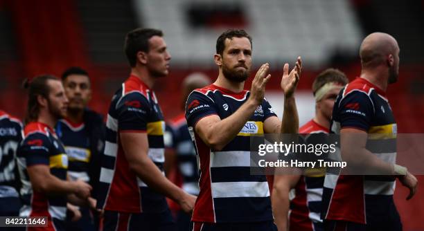 Bristol Rugby players applauded the fans at the final whistle during the Greene King IPA Championship match between Bristol Rugby and Hartpury...