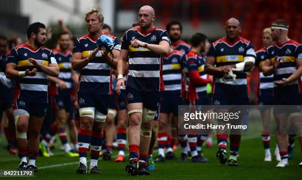 Joe Latta of Bristol Rugby applauded the fans at the final whistle during the Greene King IPA Championship match between Bristol Rugby and Hartpury...