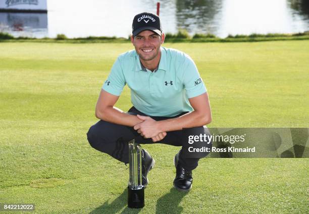 Haydn Porteous of South Africa poses with the trophy as he celebrates victory after the final round on day four of the D+D REAL Czech Masters at...