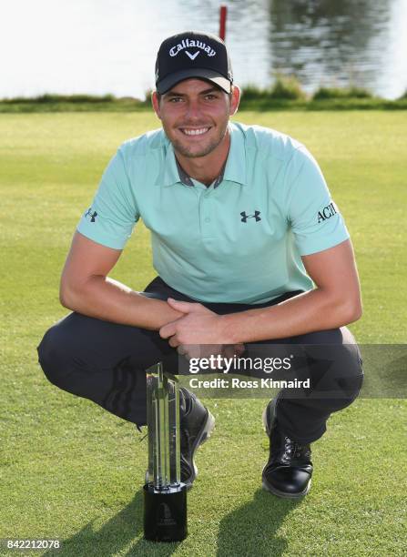 Haydn Porteous of South Africa poses with the trophy as he celebrates victory after the final round on day four of the D+D REAL Czech Masters at...