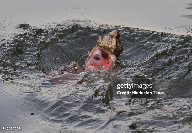 Devotees during the tenth day immersion of Ganesha idols at Sukhrali pond, on September 3, 2017 in Gurgaon, India. Several devotees, who brought the...