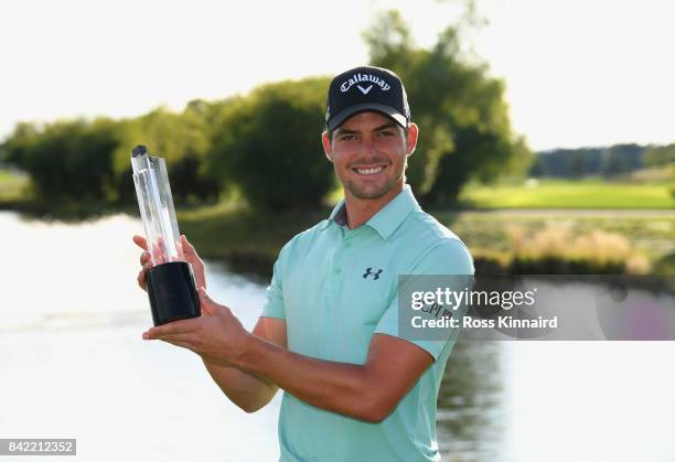 Haydn Porteous of South Africa poses with the trophy as he celebrates victory after the final round on day four of the D+D REAL Czech Masters at...