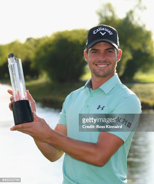 Haydn Porteous of South Africa poses with the trophy as he celebrates victory after the final round on day four of the D+D REAL Czech Masters at...