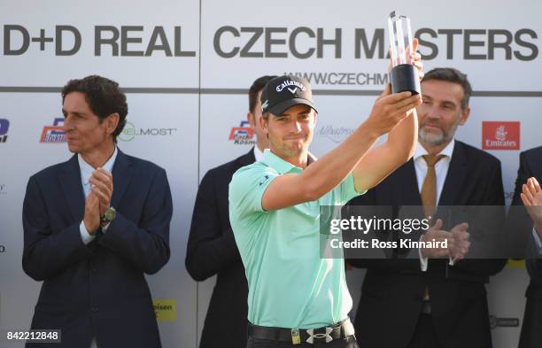 Haydn Porteous of South Africa poses with the trophy as he celebrates victory after the final round on day four of the D+D REAL Czech Masters at...