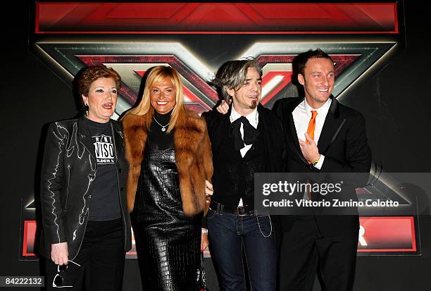 Television Presenters Mara Maionchi, Simona Ventura, Morgan aka Marco Castoldi and Francesco Facchinetti attend "X Factor" Italian TV Show press...