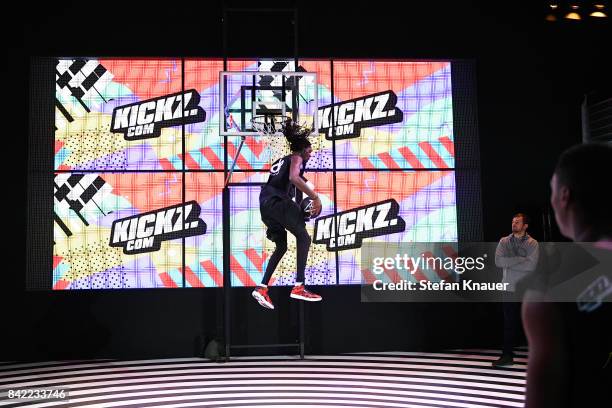 Basketball players compete at Dunk Elite and Kickz basketball show during the Bread & Butter by Zalando at Arena Hall, arena Berlin on September 3,...