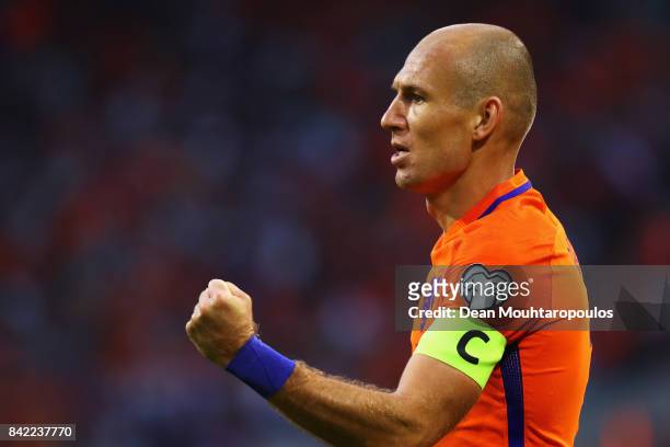 Arjen Robben of the Netherlands celebrates scoring his teams second goal of the game during the FIFA 2018 World Cup Qualifier between the Netherlands...