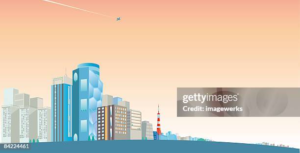 japan, tokyo, city skyline with airplane flying in sky - tokyo skyline stock illustrations