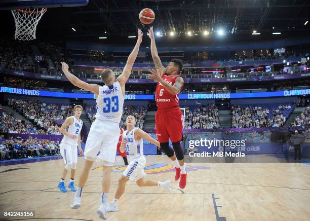 Erik Murphy of Finland, A.J. Slaughter of Poland during the FIBA Eurobasket 2017 Group A match between Finland and Poland on September 3, 2017 in...